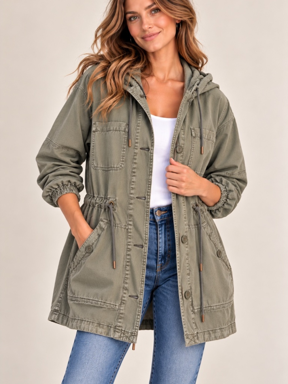American Eagle AE-177 Womens M Utility Field Cargo Olive Jacket Hooded cotton